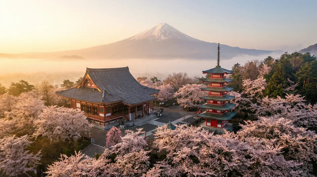 Temple japonais entouré de cerisiers en fleurs avec le Mont Fuji en arrière-plan